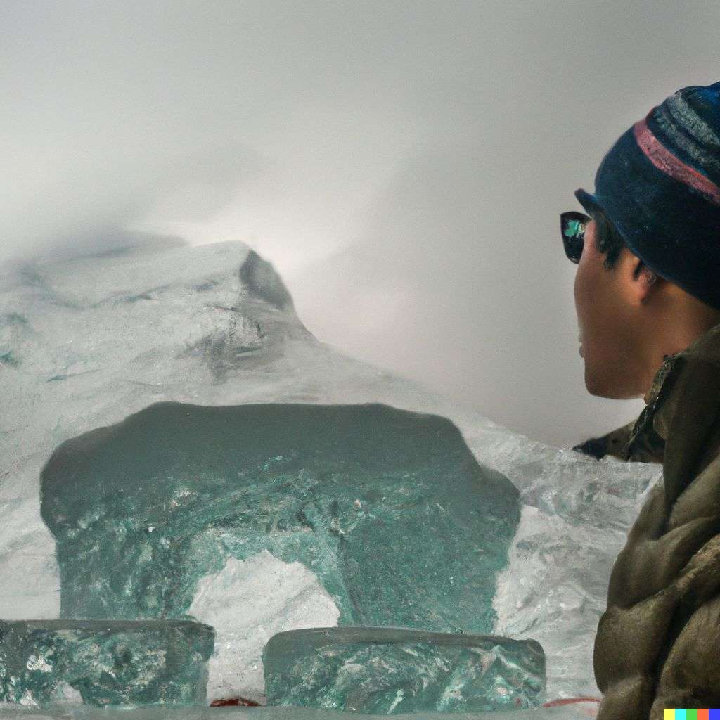 someone gazing at Mount Everest, ice sculpture